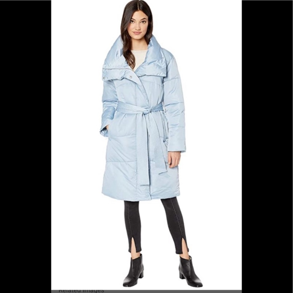 Avec Les Filles Down Puffer Coat Zip Belt Parka Oversized Shawl Hood Collar Lg